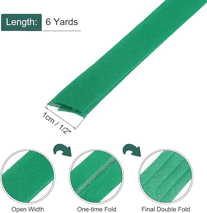 MECCANIXITY 2/5 Inch Double Fold Bias Tape Continuous Bulk Bias Tape for Sewing, Seaming Quilting Hemming Binding Crafts (Dark Green 6 Yards)
