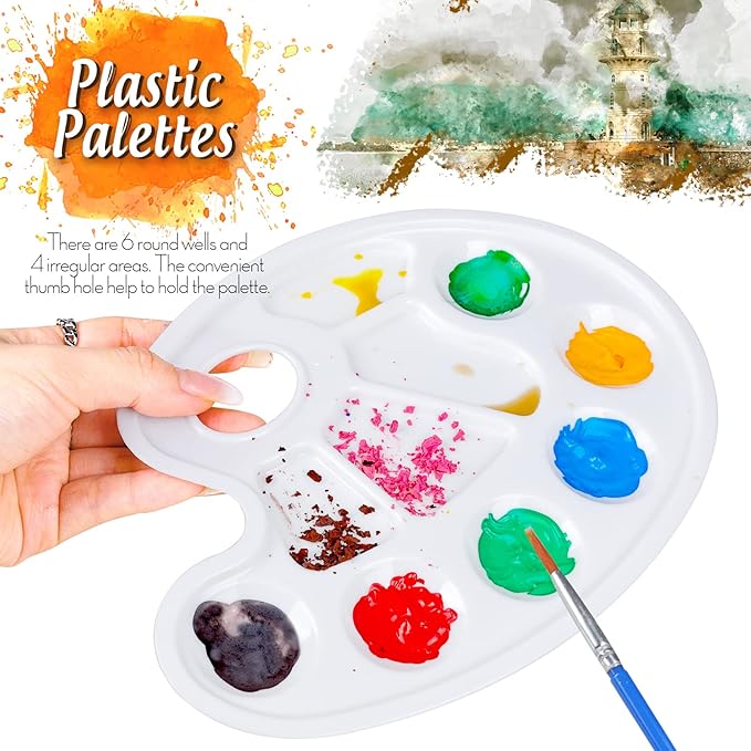 FANDAMEI Oval Paint Palette Tray, Plastic Paint Tray Palette, Painting Palette, Paint Tray Palettes Paint Pallets with Thumb Hole for Adults & Kids, for Painting or DIY Craft Class, White, 2 PCS