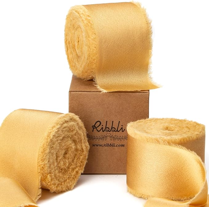 Ribbli Gold Silk Satin Ribbon 1.5 Inch x 30 Yard Handmade Frayed Chiffon Gold Ribbon for Gift Wrapping Wedding Invitations Bridal Bouquets Home Decor