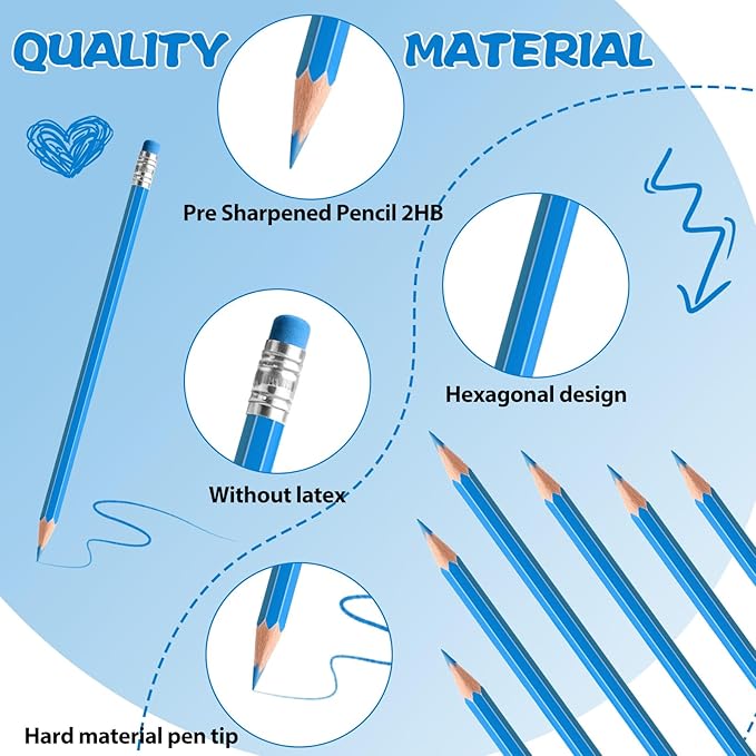 36 PCS Lightblue Erasable Colored Pencils with Eraser Pre Sharpened Pencil 2 HB - Ideal for Checking, Grading, Tests & Office/School Supplies (Lightblue)