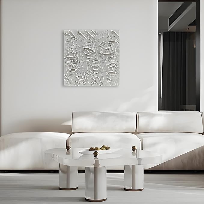 Art Hand-Painted Abstract Three-Dimensional Textured Art Oil Painting of White Roses, 24x24 inches. Modern Minimalist Style Art. Suitable for Wall Decoration in Home Offices