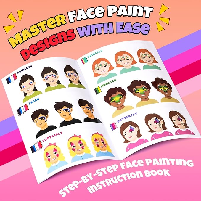 Drawdart Professional Face Painting Kit for Kids Adults, Large Split Cake Face Paint Palette with Glitters, One Stroke Non-Toxic Rainbow Face Body Makeup Kit for Festival, Party & Cosplay Makeup
