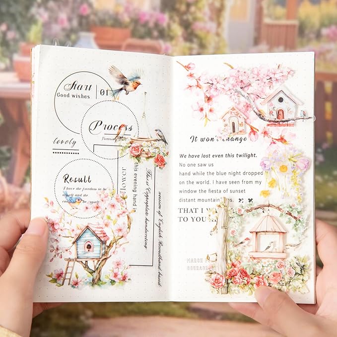 60PCS Birdhouse PET Stickers, Nature Bird Nest Scrapbook Stickers for Journaling, DIY Crafts and Planner Decoration, Transparent Waterproof Junk Journal Supplies