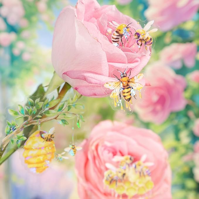 60-Piece Holographic Bee Insect Garden Girls Aesthetic Stickers – Clear Honeybee, Floral, Honeycomb Scrapbooking Stickers for Journaling, Resin Art, Laptops, Test Tube Vase Decoration