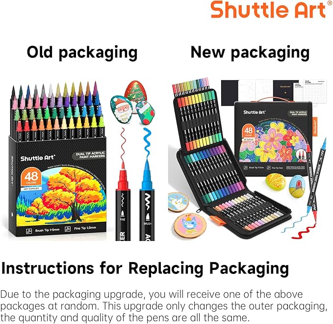 Shuttle Art 48 Colors Dual Tip Acrylic Paint Markers, Brush Tip and Fine Tip Acrylic Paint Pens for Rock Painting, Ceramic, Wood, Canvas, Plastic, Glass, Stone, Calligraphy, Card Making, DIY Crafts