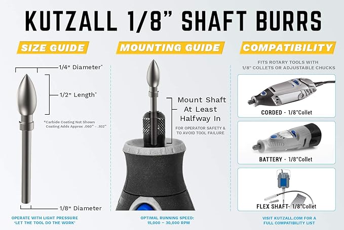 Kutzall Original Flame Rotary Burr, 1⁄8" Shaft, Fine - Wood Carving Bit for Dremel, Foredom, DeWalt, Milwaukee. Abrasive Tungsten Carbide, 1⁄4" (6.3mm) Dia. X 1⁄2" (12.7mm) Length, FL-14-EG