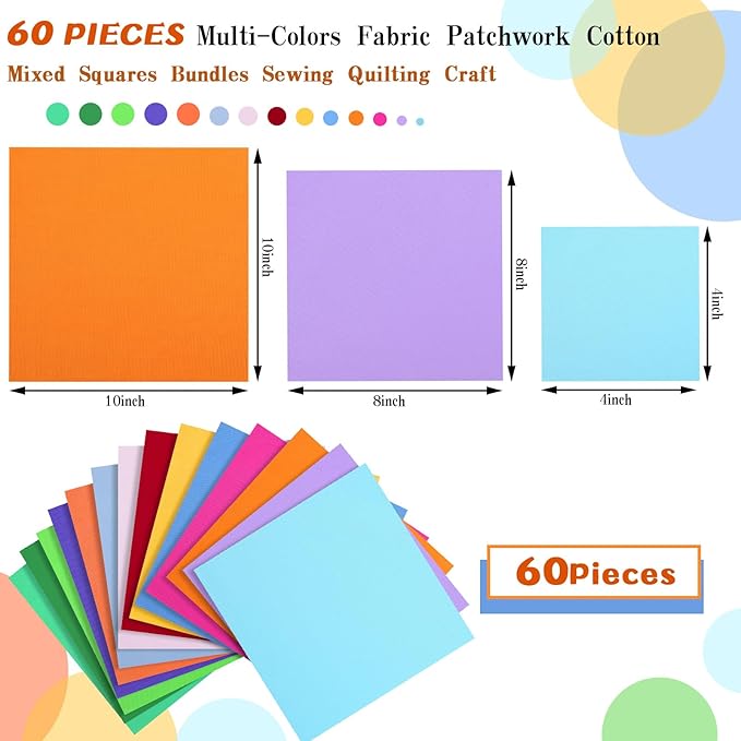 60 Pieces Solid Cotton Quilting Fabric Color Bundles Fabric Quilt Solid Quilting Squares Patchwork Sewing Craft Precut Scrap for DIY Crafts(4 x 4 Inch)