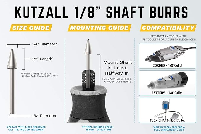 Kutzall Original Taper Rotary Burr, 1⁄8" Shaft, Coarse - Wood Carving Bit for Dremel, Foredom, DeWalt, Milwaukee. Abrasive Tungsten Carbide, 1⁄4" (6.3mm) Head Dia. X 1⁄2" (12.7mm) Length, T-14-E