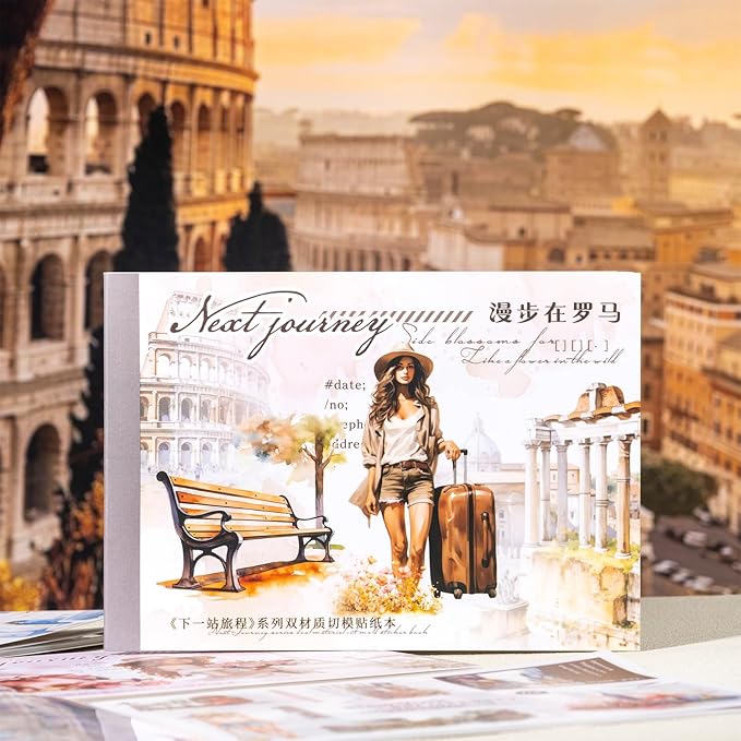 Travel-Themed Vintage Ephemera Sticker Book Set, 60 Pre-Cut PET & Washi Pages for Scrapbooking, Journaling, DIY Projects, and Art Supplies