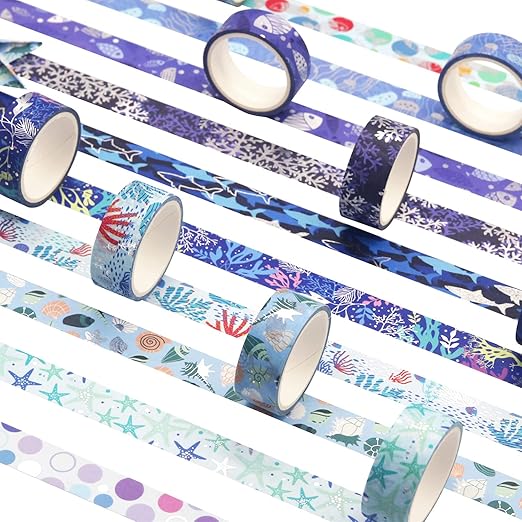 YUBX Ocean Blue Washi Tape Set 10 Rolls Silver Foil Print Decorative Masking Tapes for Arts, DIY Crafts, Journals, Planners, Scrapbook, Wrapping (Navy Silver)