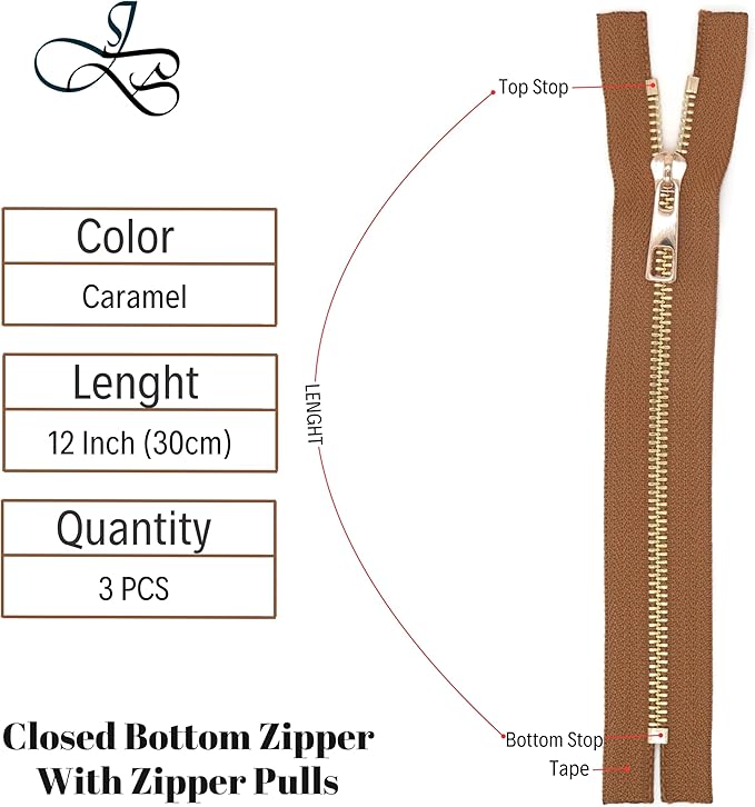 #5 Gold Metal Zipper - 50+ Colors - 3 PCS - (4-14 inches) Sizes - Luxury Lightweight Handcraft Metal Zippers with pulls for Purses Bags Pockets Shoes Sewing & Crafts DIY ZP024612