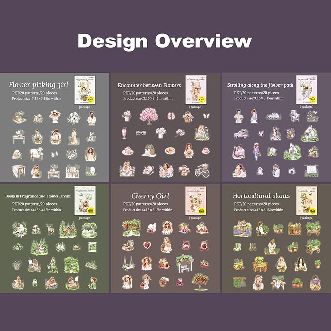 Garden Girl Sticker Set, 120PCS PET Vintage Nature Stickers for Journaling, Scrapbooking, Planner Supplies and DIY Crafts