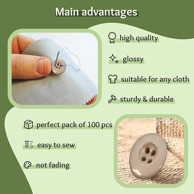 100 Pcs Tan Buttons for Sewing 0.75 inch Glossy Buttons for Uniform 3/4" 30L Plastic Military Beige 4 Hole 19mm Ideal for Workwear School Chef Aprons Pants Jacket Bags Accessories Craft DIY