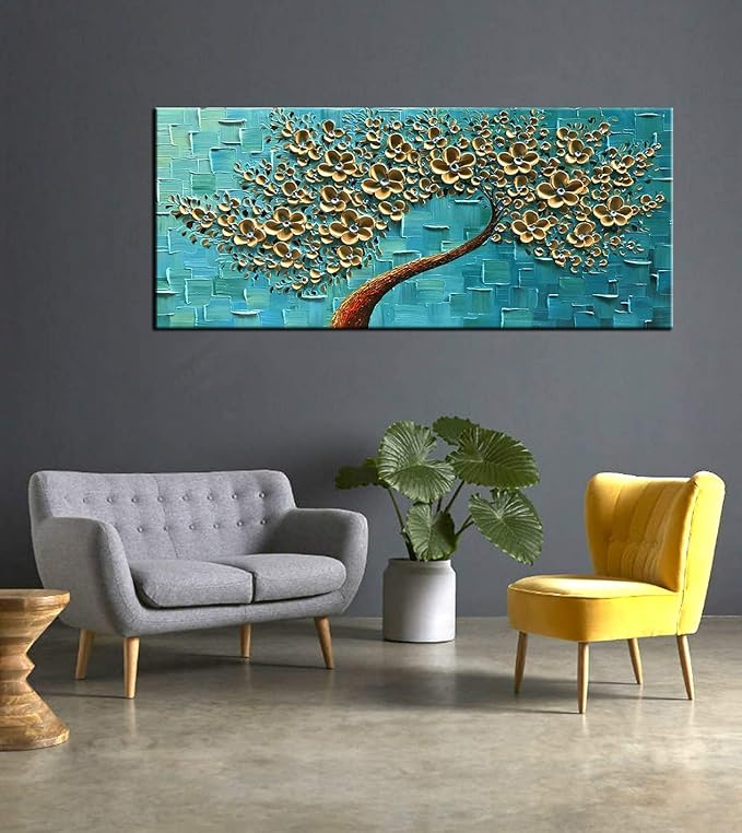 YaSheng Art - 3D Golden Flowers Oil Painting, Oil Painting On Canvas Texture Palette Knife Flowers Tree Paintings Abstract Landscape Artwork Canvas Wall Art Living Room Bedroom Home Decor 24x60inch