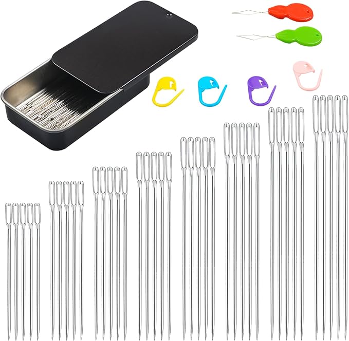 Eketirry 40/80PCS Large Eye Sewing Needles, 8 Sizes Hand Sewing Sharp Needles, Embroidery Needle, Leather Needle,Stainless Steel Yarn Needles with Threaders & Stitch Markers (Black 80pcs)