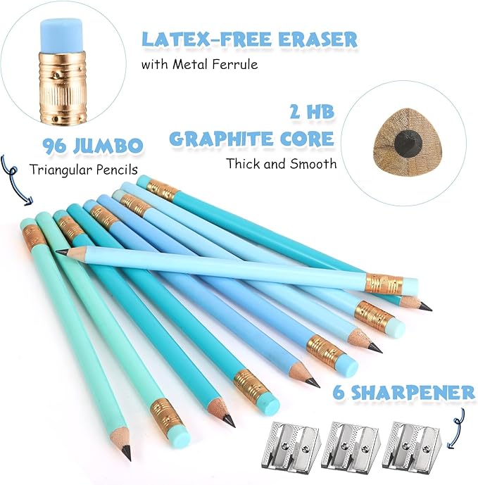 Fainne 102 Pcs Bulk Thick Jumbo Graphite Pencils Set 96 Fat Giant Large Pencils and 6 Sharpeners Enhanced Grip for Art Drafting Writing Drawing Office and Home Use(Teal, Blue,Triangle)