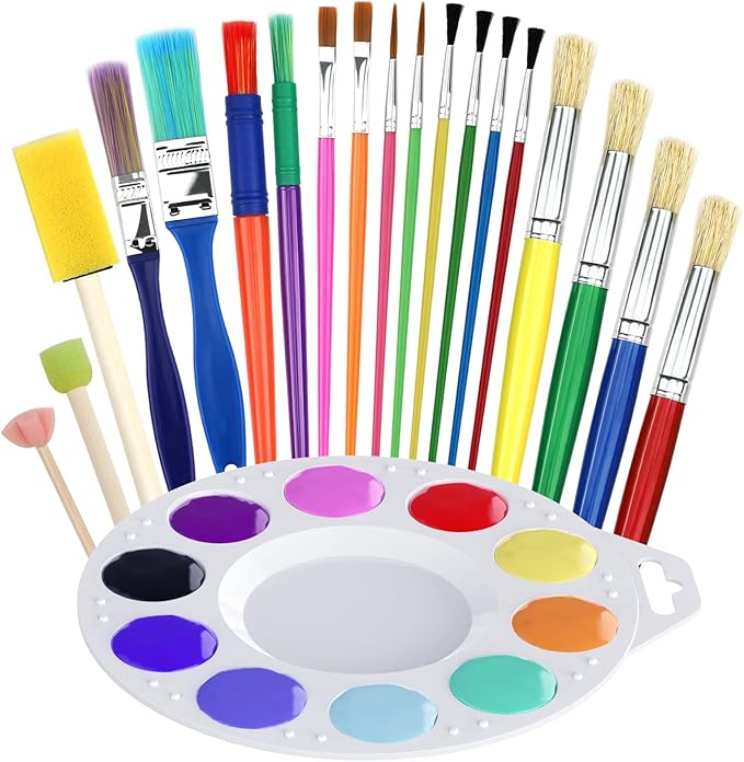 20 Pcs Painting Brushes for Kids, 19 Colorful Painting Brushes and 1 Paint Palette, All Purpose Paint Brush Value Pack for Acrylic, Watercolors & Washable Paints
