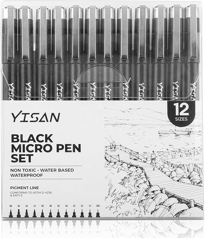 YISAN Micro Black Drawing Pens Art Fineliner Ink Pens,Set of 12 Technical Drawing pen,Manga Markers for Sketching Technical,70337