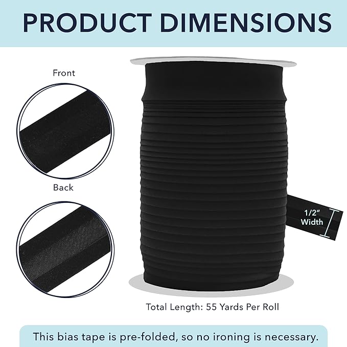 Mandala Crafts 1/2 Inch Single Fold Bias Tape for Sewing, Quilting, Piping, Hemming, Blanket & Quilt Binding – 55 Yards Black Fabric Seam Binding Tape