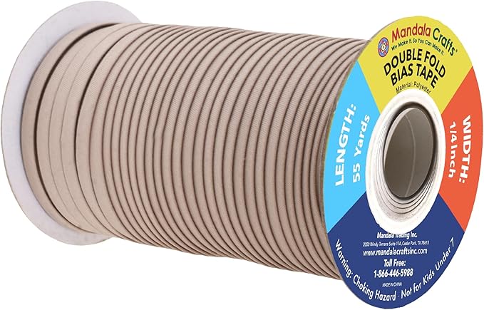 Mandala Crafts 55 Yards 1/4 Inch Taupe Double Fold Bias Tape for Sewing - Bias Binding Tape for Quilting Binding, Hemming, Seam, and Fabric Piping