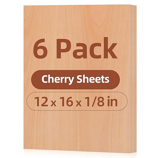 Rowood 6 Pack Cherry Wood Plywood Sheets 1/8,12x16x1/8inch,3mm Thin Unfinished Craft Wood for Laser Cutting Blanks,DIY Adult Project Kits for DIY Ornaments,Architectural Model