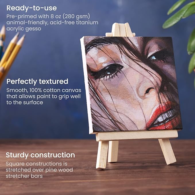 ARTEZA Small Canvases with Easels, 4 x 4 Inches, Pack of 14, Blank White Stretched Canvas for Acrylic, Oil and Gouache Painting