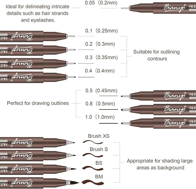 Bianyo Sepia Tone Drawing Pen Set, 12 Assorted Sizes Sketch Liner, Water-Resistant Archival and Pigment Ink Art Pens, Precision Drawing and Sketching Kit