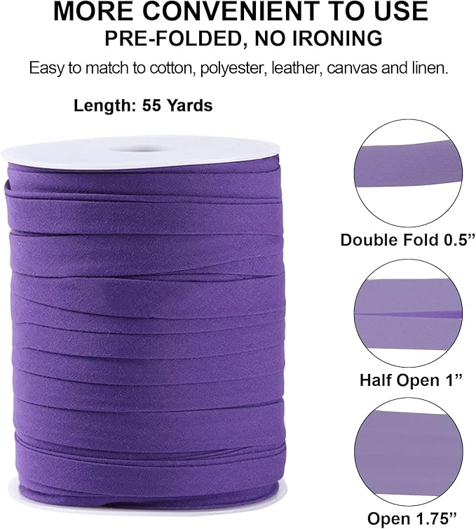 Bias Tape Double Fold 1/2 inch, Double Fold Bias Binding Tape 55 Yards (Purple) and 4 Pieces Sewing Fabric Chalks for Crafts, Sewing, Seaming, Hemming, Piping, Quilting.