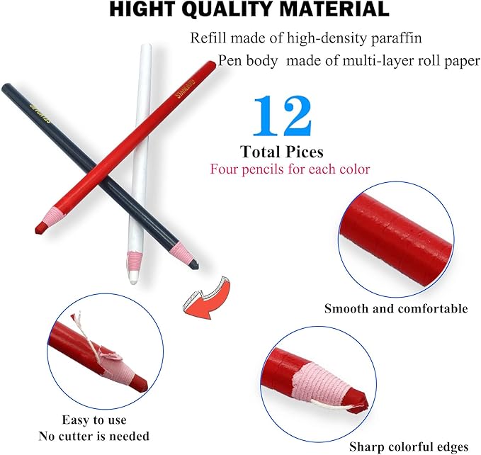 Sewing Mark Pencil 12 PCS White/Black/Red 3Colors Invisible Erasable Fabric Pencils For Leather Cut Marks Student Drawing Tailor Marks