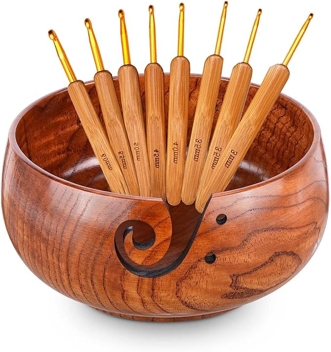 Wooden Yarn Bowl with 8Pcs Metal Crochet Hooks, Knitting Yarn Bowl with Holes Storage Handmade to Prevent Slipping, Perfect Yarn Holder Bowl for Crocheting and Knitting Mother's Day Gift 6" x 3"