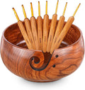 Wooden Yarn Bowl with 8Pcs Metal Crochet Hooks, Knitting Yarn Bowl with Holes Storage Handmade to Prevent Slipping, Perfect Yarn Holder Bowl for Crocheting and Knitting Mother's Day Gift 6" x 3"