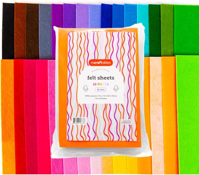 Incraftables Stiff Felt Sheets for Crafts (30 Pieces). Best Colored Felt Fabric Sheets (1mm Thick). Assorted Paper Pack of 30 Colors (9” x 12”) for DIY Decorations & Sewing Projects