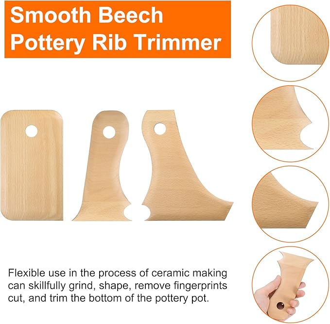 HARFINGTON 3pcs Pottery Ribs Trimming Tools Beech Pottery Profile Curved Bundle Shaping Texture Rib Beech Wood for Carving Ceramics Clay