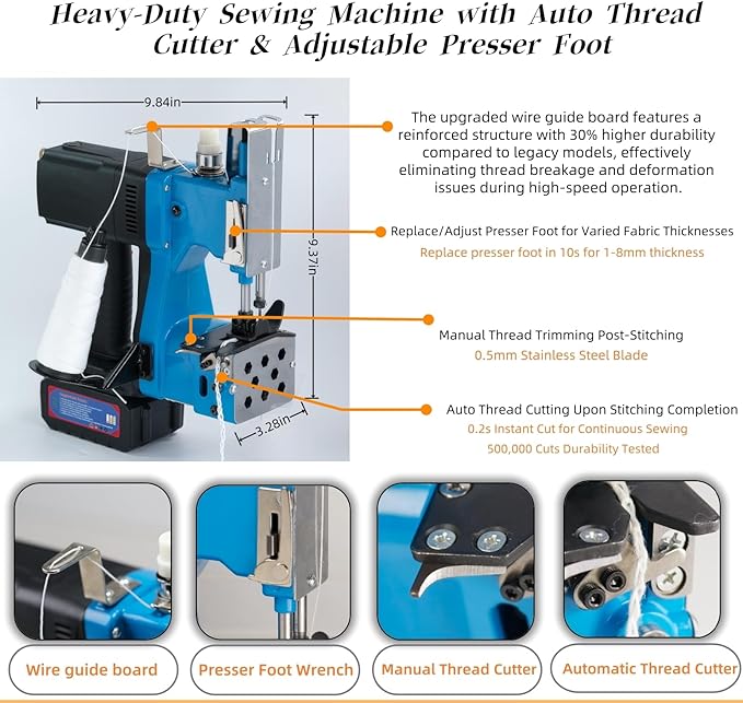 Cordless Bag Sewing Machine | Portable Industrial Bag Closer | 2-Second Fast Sealing for Woven PP/Canvas/Jute Bags | Factory & Farm Bag Stitcher (Blue, Lithium Battery - 36V DC)