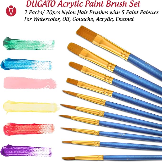 DUGATO Artist Paint Brush & Palette Set - 20 Nylon Brushes (Assorted Sizes & Shapes) with 5 Mixing Trays - Ideal for Acrylic, Watercolor, Oil & Gouache Painting
