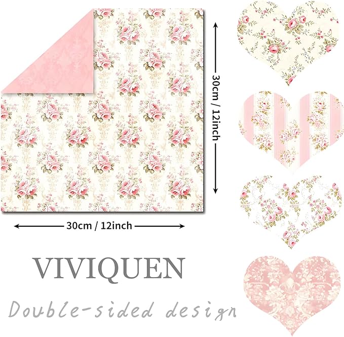 VIVIQUEN 24 Pack Pink Floral Double-Sided Paper, 12-inches Vintage Flowers Scrapbook Specialty Craft Paper Folded Flat for DIY Background Card Art Craft Making Scrapbook Photo Album Decor