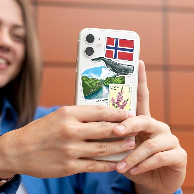 Navy Peony Nordic Norway Travel Stickers (28pcs) - Watercolor, Scandinavia, Norwegian-Themed Vacation Decals for Journals, Scrapbooks, Waterbottles