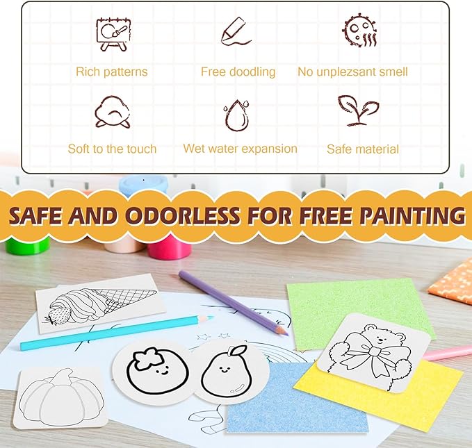 Crystalberry 45 Pcs Magic Foam Texture Painting Kit, Including 30 Pcs Foam Texture Papers, 12 Colorful Pens, 2 Soft-tip Water Pens, 1 Small Easel, for Creative DIY Arts, Crafts and Family Activities
