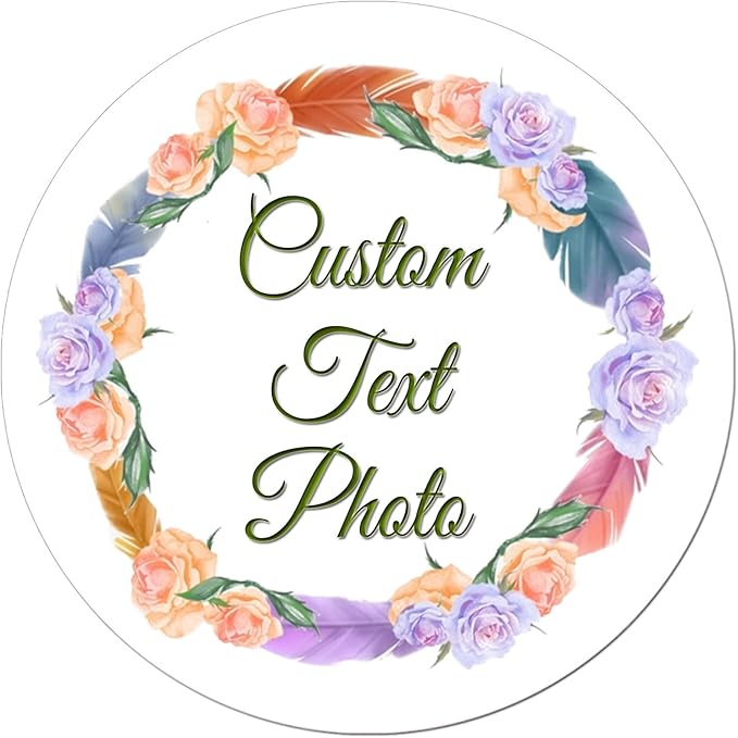 (Made in MA) Custom Round Flower wreath Sticker Labels - Personalized Customized Stickers for Birthday Baby and Labels Product Boxes Wedding Shower Labels
