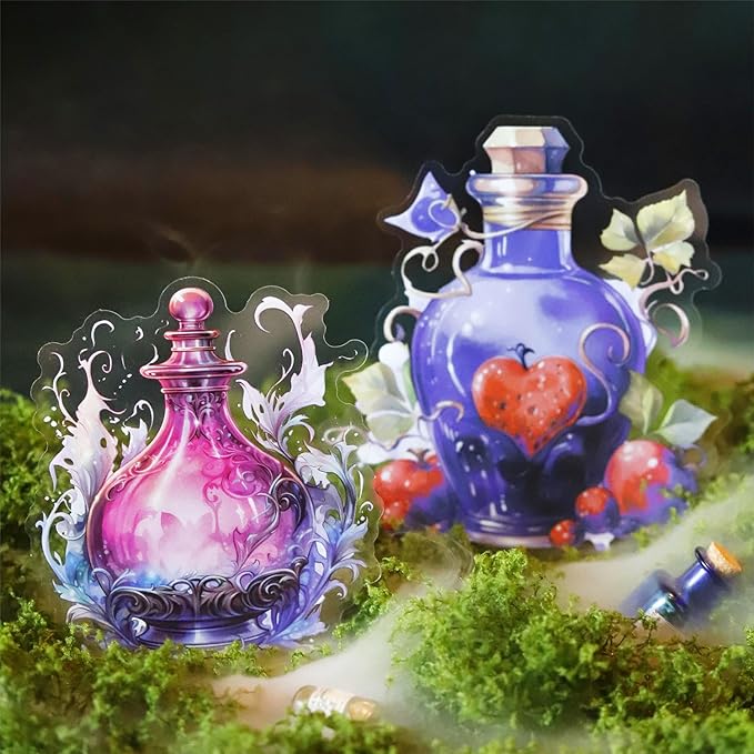 Large Floral Magical Potion Bottle Sticker Set – 60 Pcs Colorful Fantasy Potion Bottle Aesthetic Decals for Scrapbooking, Journals, Laptops Art Crafts, Witch Supplies