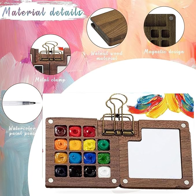 Watercolor Kit,New Mini Watercolor Paint Set, Pocket Watercolor Set with Paint, Brush,bag, Sketchbook & Copper Clip, Travel Kit for Beginners, Artists & Painting Enthusiasts(Walnu -15 Grids)