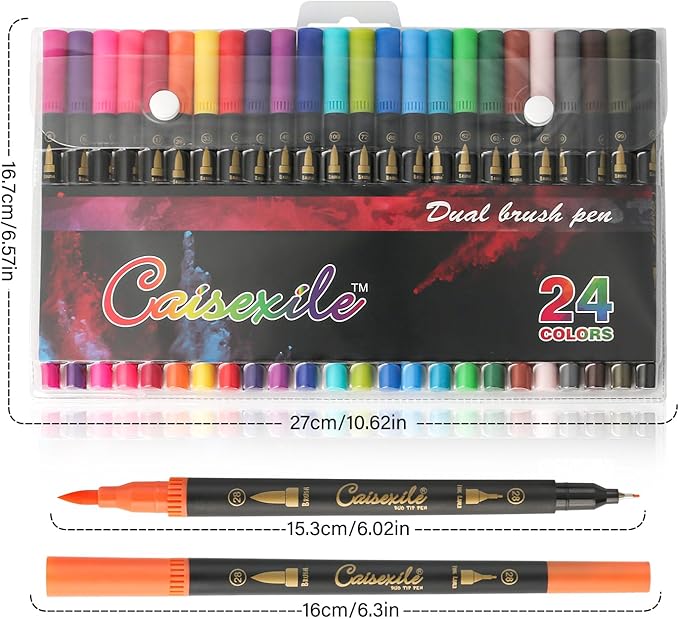 24 Colors Duo Tip Pen Art Markers, Artist Fine & Brush Tip Marker Coloring Markers for Adult Coloring Books Journaling Note Taking Lettering Calligraphy Drawing Pens Supplies