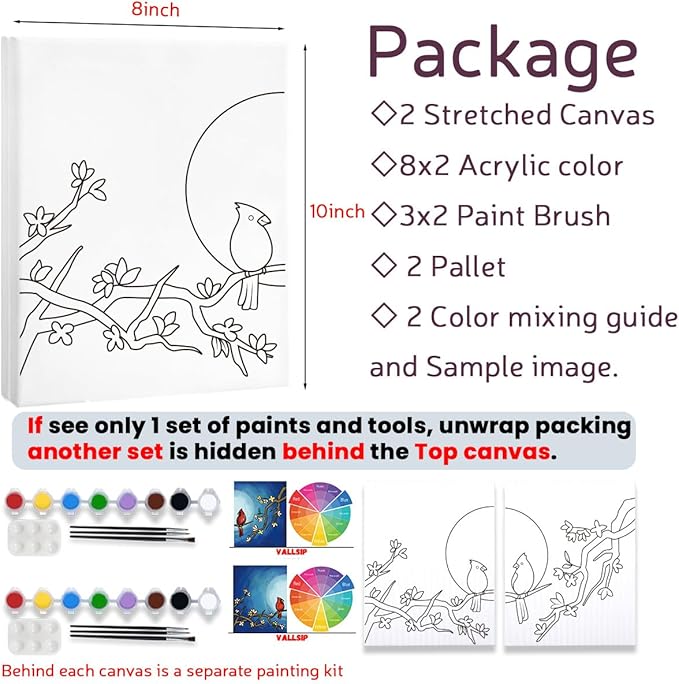 VALLSIP 2 Pack Paint and Sip Black Canvas Painting Kit Pre Drawn Canvas for Painting for Adults Stretched Canvas Couples Games Date Night Cardinalis Winter Christmas Anniversary Couple Paint Party