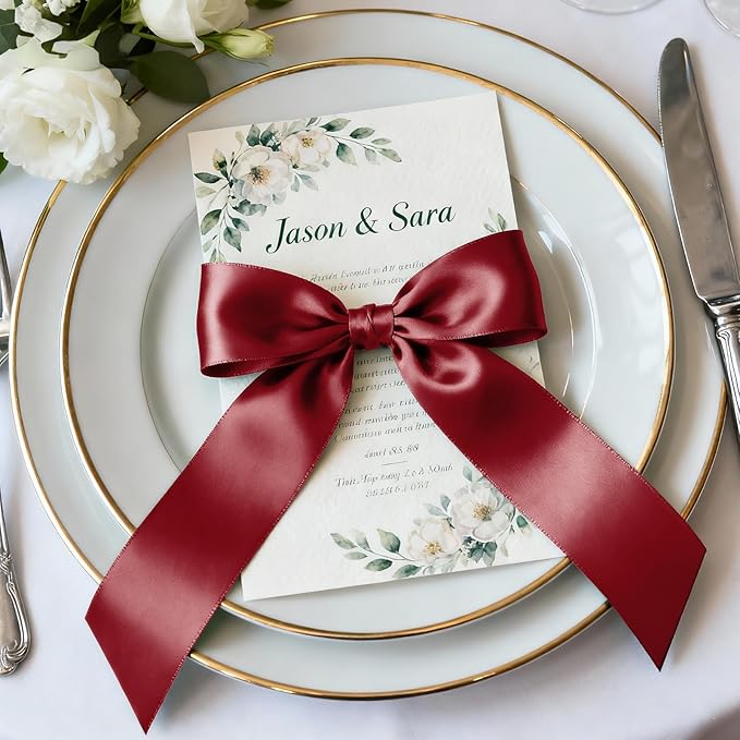 1-1/2" x 100 Yards Satin Ribbon - Wide Silk Wine Red Ribbon with Spool - Ideal for Gift Wrapping, Floral Bouquets, Crafts, Wedding Party Decorations, Christmas and Sewing Projects