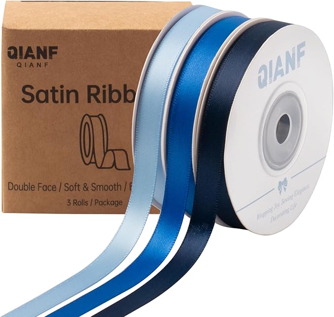 Blue Double Face Satin Ribbon 3/8 Inch x 45 Yards Baby Blue/Royal Blue/Navy Fabric Ribbon for Gift Wrapping, Flower Bouquets, Hair Bows Making, Wedding Decor, Invitation Cards (3 Rolls *15Yd)