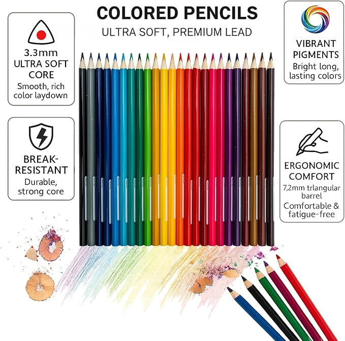24 Colored Pencils Set – Soft Core, Pre-Sharpened, Break-Resistant – Ideal for Coloring Books, Drawing, Sketching, School Art Supplies (Classic Colors)