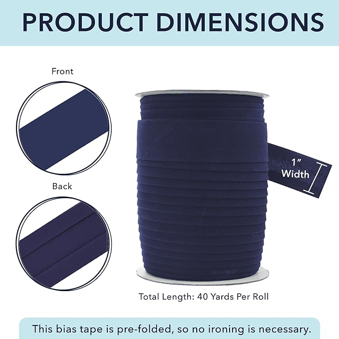 Mandala Crafts 1 Inch Single Fold Bias Tape for Sewing, Quilting, Piping, Hemming, Blanket & Quilt Binding – 40 Yards Navy Blue Fabric Seam Binding Tape