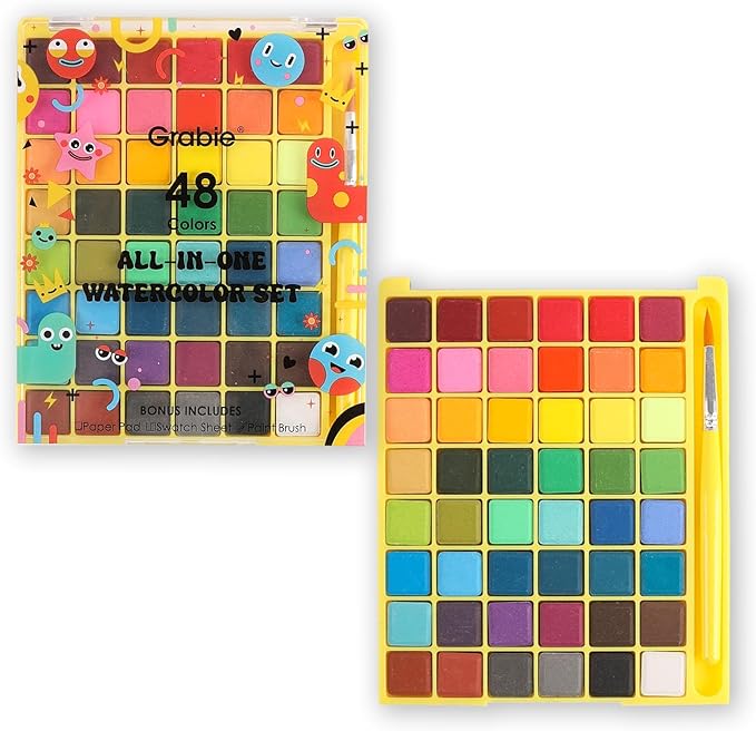 Grabie Mini Watercolor Set, 48 Colors with Brush, Paper Pad and Swatch Sheet, Travel Watercolors Painting Kit for Beginners