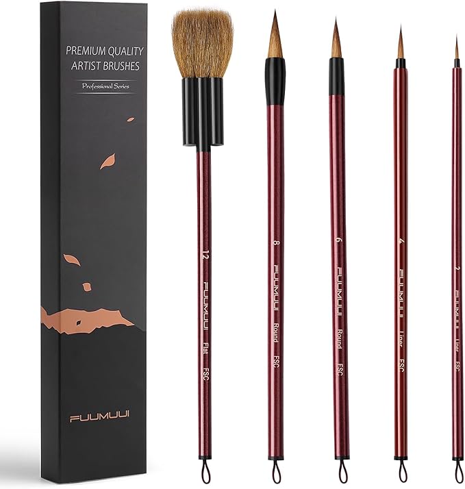 Watercolor Brushes Professional, Fuumuui 5Pcs Synthetic Goat Mixed Hair Water Color Paint Brush Set with Flat Round Detail for Watercolor, Pottery, Acrylic, Gouache