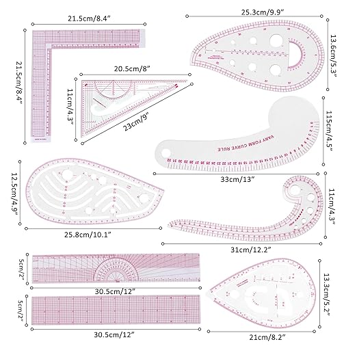 Fashion Clear Metric Sewing Ruler Set,French Curve Pattern Rulers for Beginners, Tailors, Designers, Quilting, Embroidery, Cross Stitch, Crochet, Knitting 9pcs